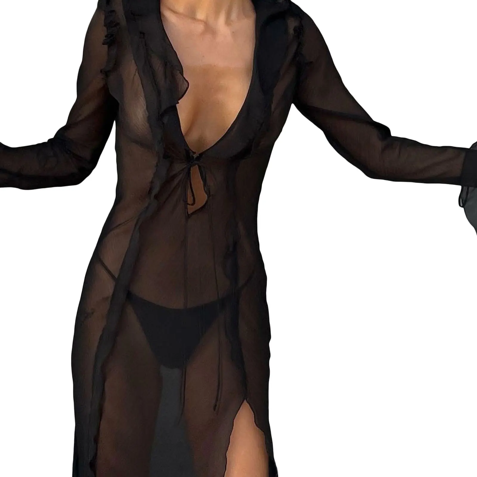 Women Long Dress, Long Sleeve V Neck Patchwork See-through Slit Dress for Party Beach