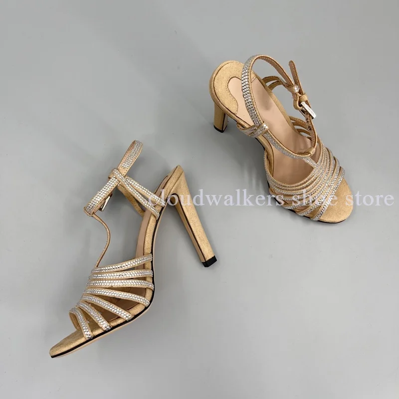 Women's T-Strap Connect Narrow Belt Handmade Full Diamond Exquisite Sandal Peep Toe Ankle Strap Buckle Banquet High Heel Sandal