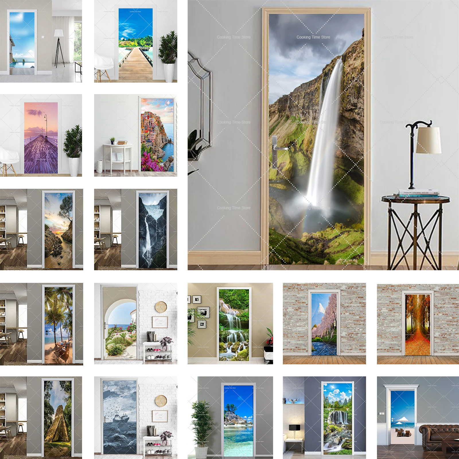 

Seaside Waterfall Door Sticker 3D PVC Waterproof Mural Self Adhesive Wallpaper Decorative Home Bathroom Wall Decals Stickers