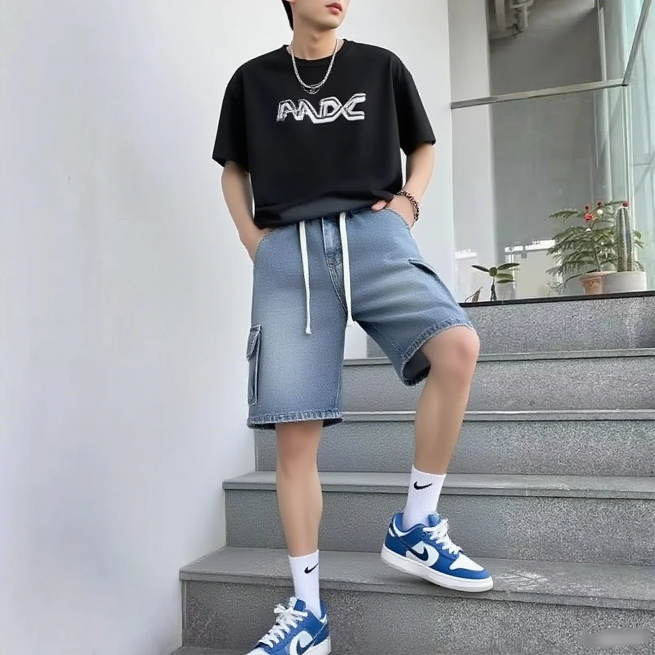 

Loose men's denim shorts paired with multi pocket summer workwear, casual and versatile, retro Hong Kong fashion jeans shorts