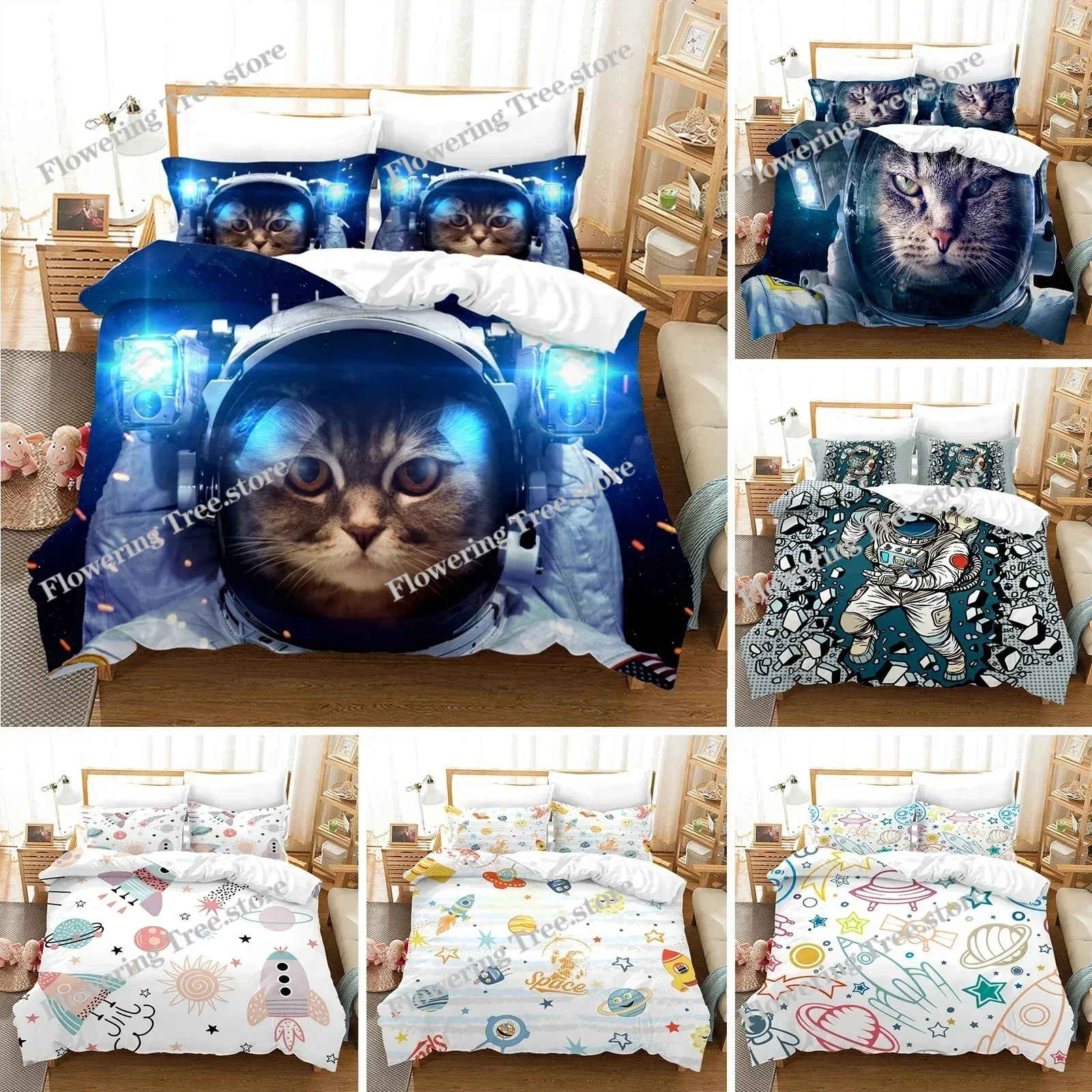 

Astronaut In Space Cat Comforter Cover with Pillow Cover Bedding Set Single Double Twin Full Queen King Size for Bedroom Decor