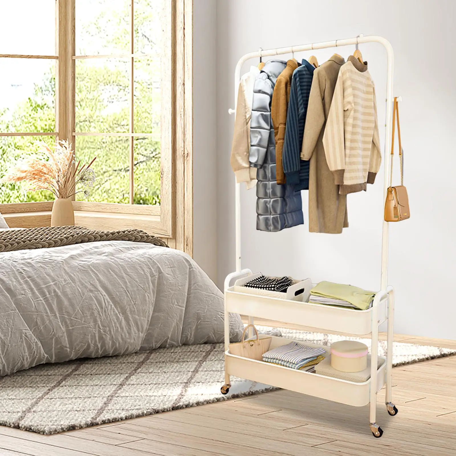 

Coat Rack with Wheels Sturdy Garment Rack for Entryway Living Room Home