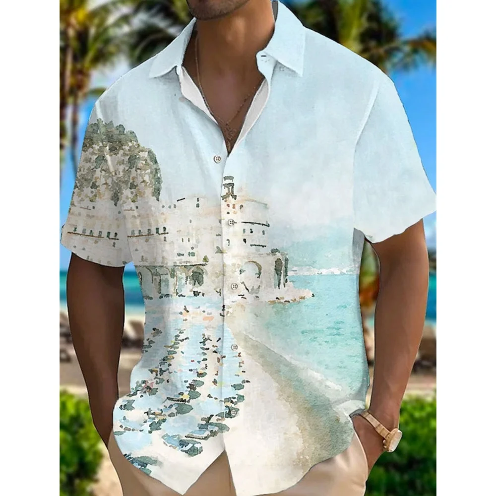 Camisa havaiana casual masculina, camisa de manga curta, roupa respirável, impressão 3D, verão