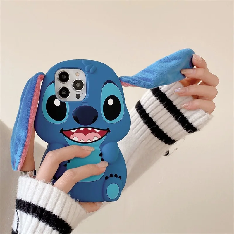 Bandai 3D Silicone Cartoon Phone Case Stitch For iPhone 14 13 12 11 15 16Pro Max Fluffy Fur Plush Ear Stitch Cover Men Kids Gift