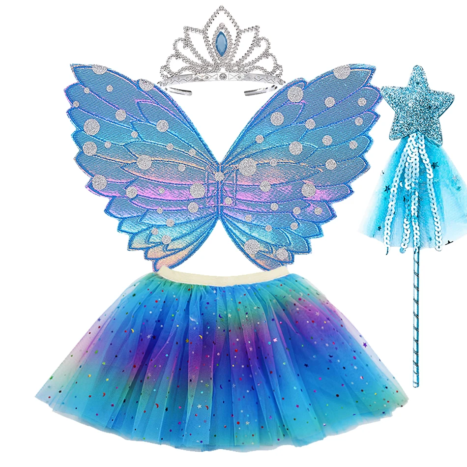الأطفال ملابس الرقص اكسسوارات الحفلات فتاة هالوين زي الاطفال 3 طبقات قوس قزح نجوم الترتر تنورة الجناح تاج العصا 4 قطعة/المجموعة