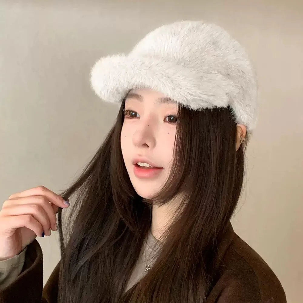 Faux Mink Baseball Cap for Women Winter Thickened Warm Hat with Wide Brim Slouchy Style for Small Face Oversized Brim Cap