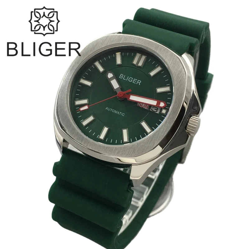 

BLIGER New 40mm Automatic Watch For Men Green Dial Luminous Week Day Display Green Rubber Strap Sapphire Glass NH36A Movements