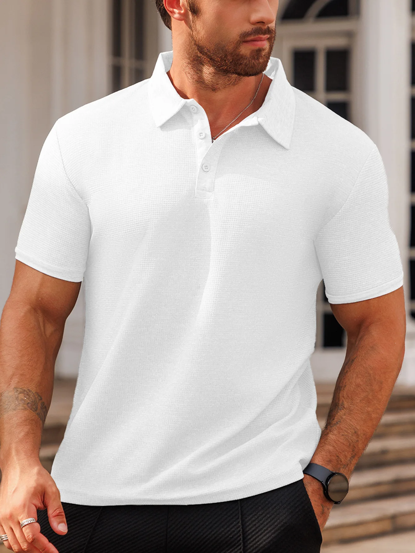 

Men's short sleeved polo shirt Button waffle collar T-shirt Solid color classic clothing High quality fashion men's wear