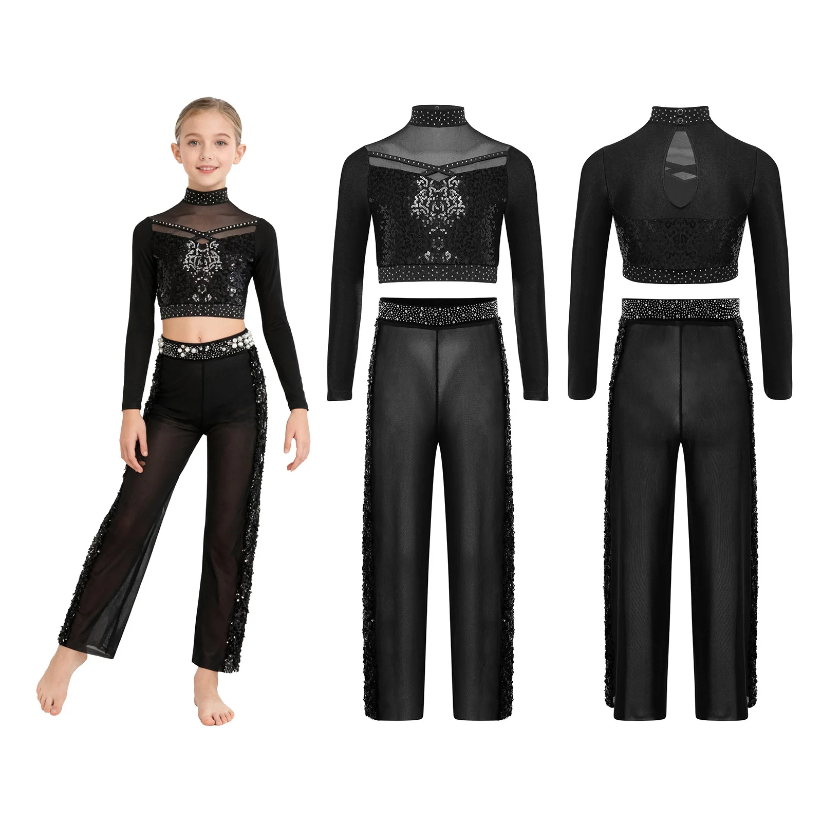 Tenue de danse de salon Jazz pour enfants filles, col montant, manches longues, haut court à paillettes brillantes avec pantalon, vêtements de danse lyrique à paillettes brillantes