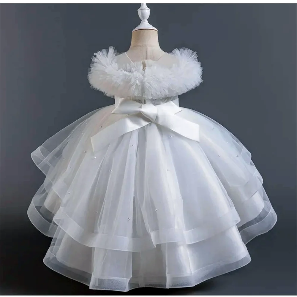 First Communion Gowns White Lovely Sleeveless Flower Girl Dresses Wedding for Big Children Birthday GIFT Clothing Clothing Tail
