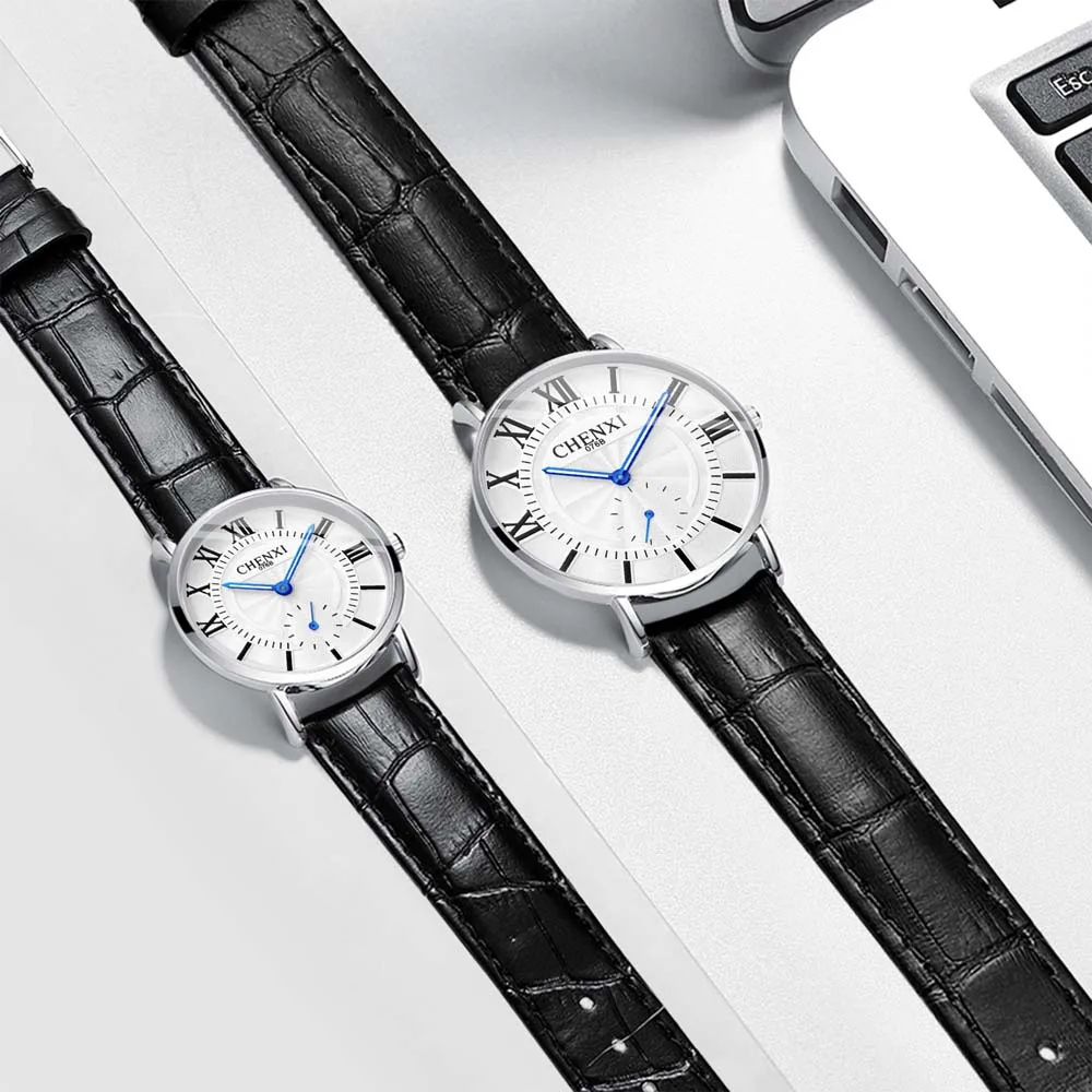 CHENXI Couple's Matching Watches Stylish Women's Quartz Watch with Round Dial  Leather Strap Men's Watch Set Gift for Couple