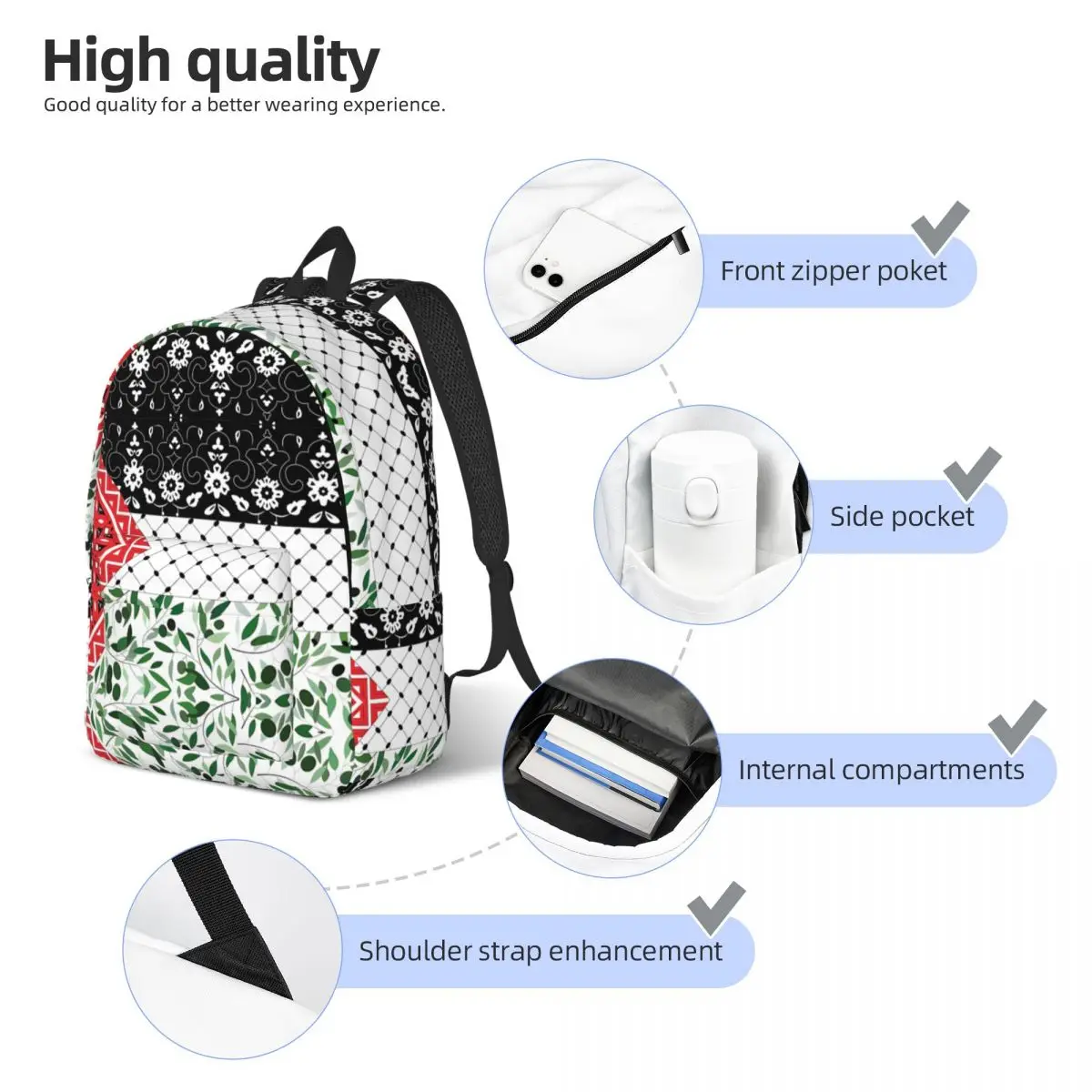 Palestinian Flag With Patterns Of Olives Keffiyeh Backpack Sport Backpacks Unisex Colorful Soft High School Bags Kawaii Rucksack