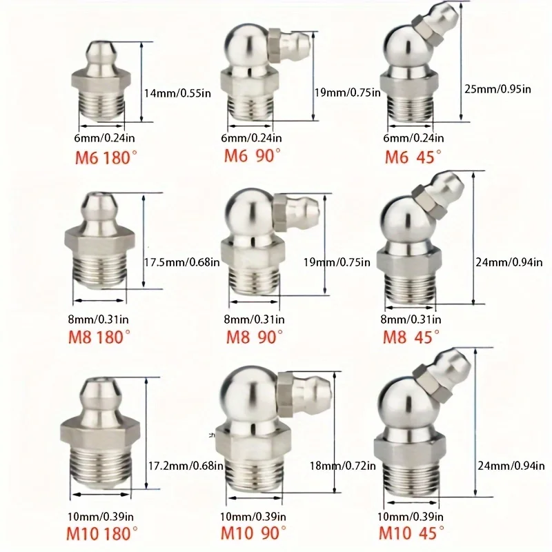 Imagen 5: Juego de 60 Conectores de Engrase Rectos y en Ángulo de 60 Grados, M10, M8, M6, Universales