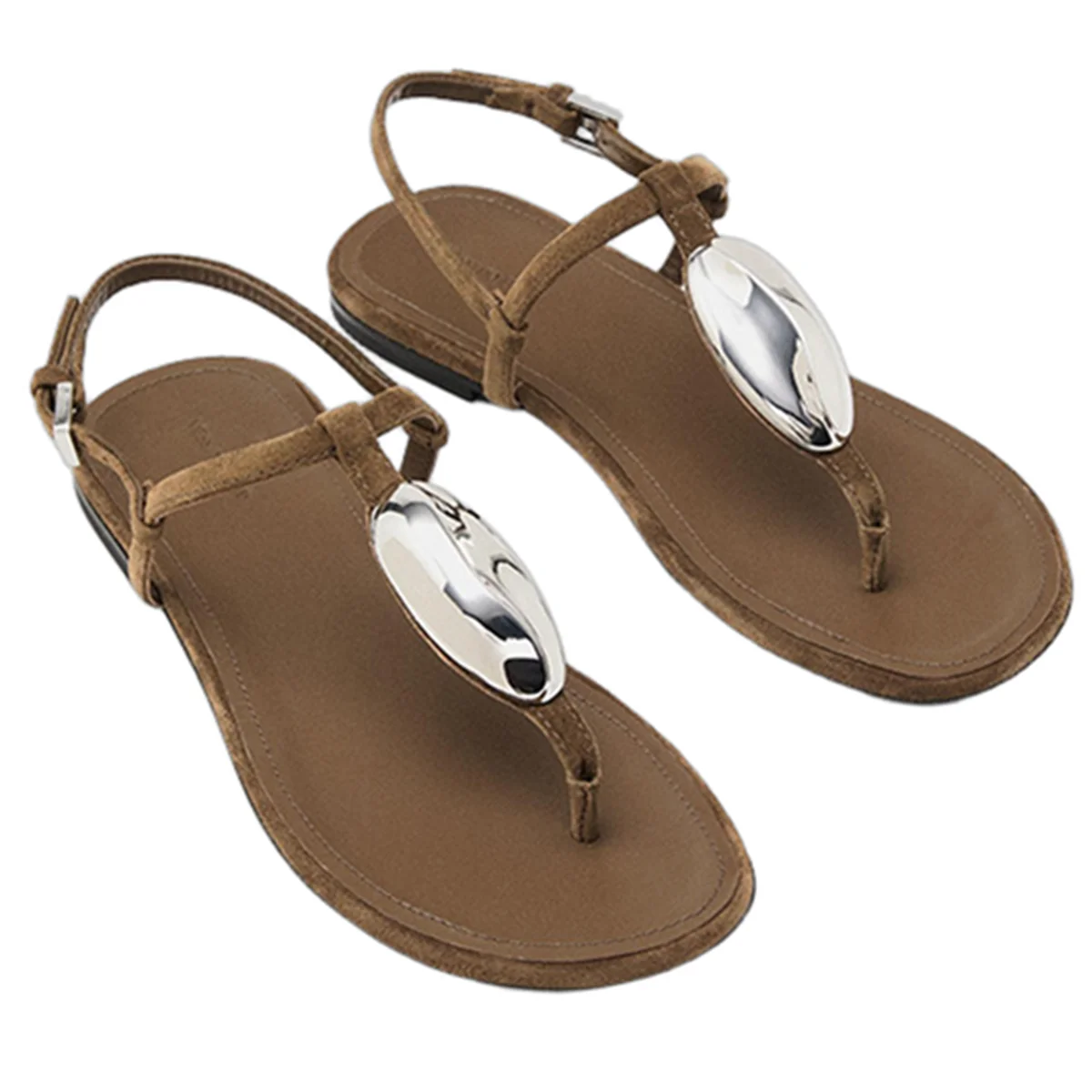 

Dave&Di French Elegant Women's Sequined Decorated Flat Sandals Minimalist Brown Genuine Leather Roman Sandals Shoes Women