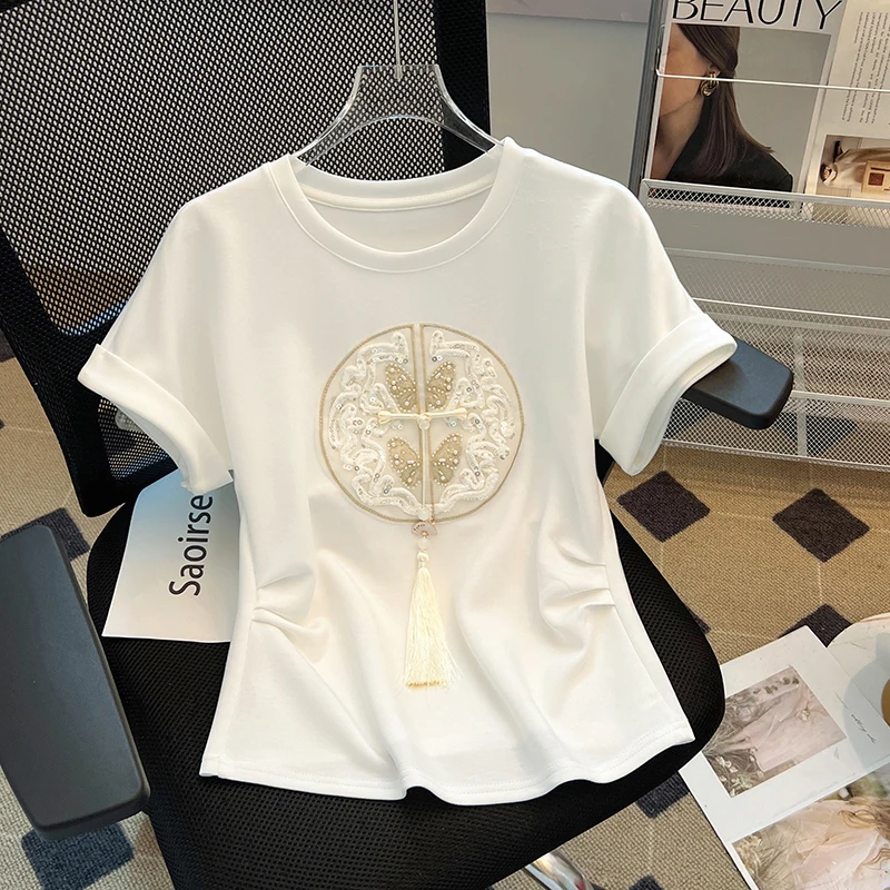 Chinese Style Geometric Crop Tops Women T-shirt Loose Short Sleeve Basic Summer Clothes Embroidery Tops Woman O-neck Cotton Tees