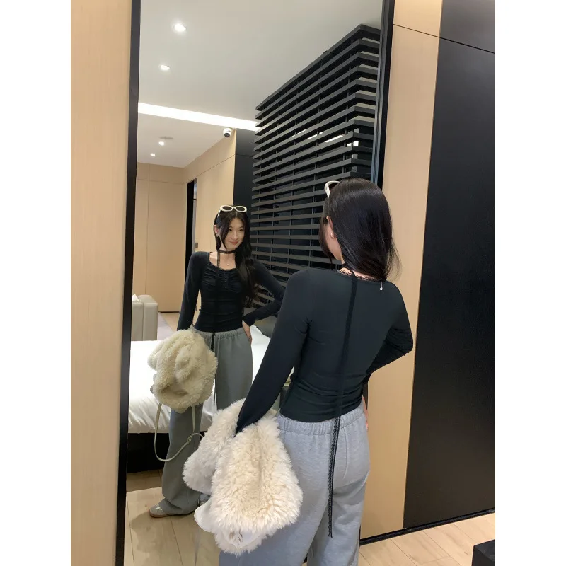 

Women's 2026 Spring Autumn Slim Top Unique Pleated Square Neck Lace Trim T Shirt Elegant Casual Basic Base Tee