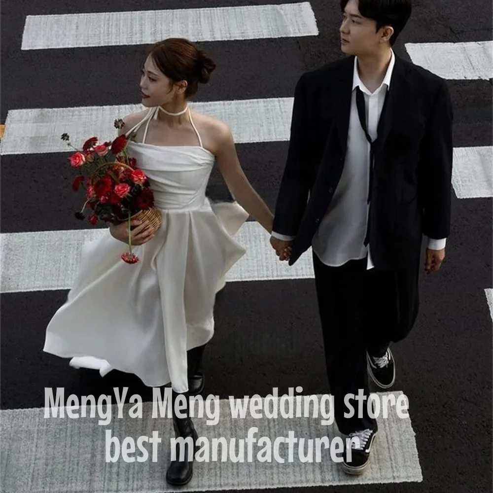 ZHUISHU 간단한 실크 새틴 파티 드레스 사진 촬영 원 숄더 티 길이 신부 가운 코르셋 백 맞춤 제작 한국 결혼식