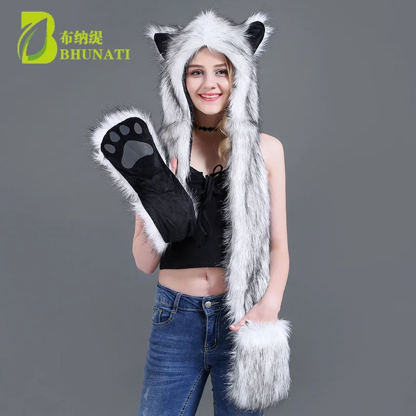 

New Cute Animal Hat Scarf A Set Of Multi-Functional Optional Comfortable Warm Artificial Fox Fur Hats