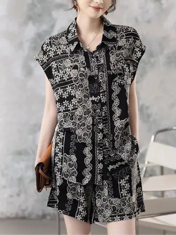 Summer 2026 Women's Vintage Loose Fit Short Sleeve Top And Wide Leg Shorts Two Piece Set Lightweight Breathable Fashionable