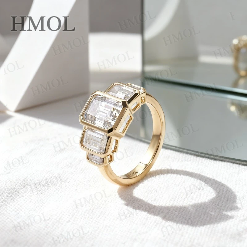 

Moissanite Ring with Emerald Cut Crafted in 10K/14K/18K Gold Geometric Layered Band Vintage Wedding Ring Anniversary Gift for