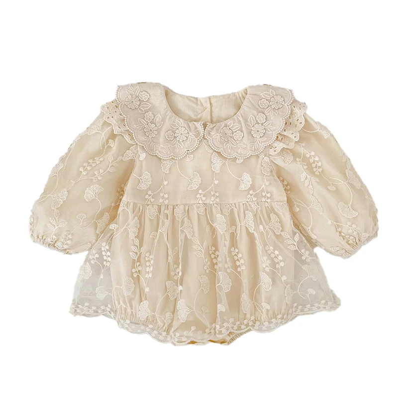 Baby-Mädchen-Strampler aus Spitze, langärmelig, mit Stickerei, Peter-Pan-Kragen, Body, Neugeborenen-Overall, beige, Geburtstags-Foto-Outfit, 0-24 Monate – Detail 15