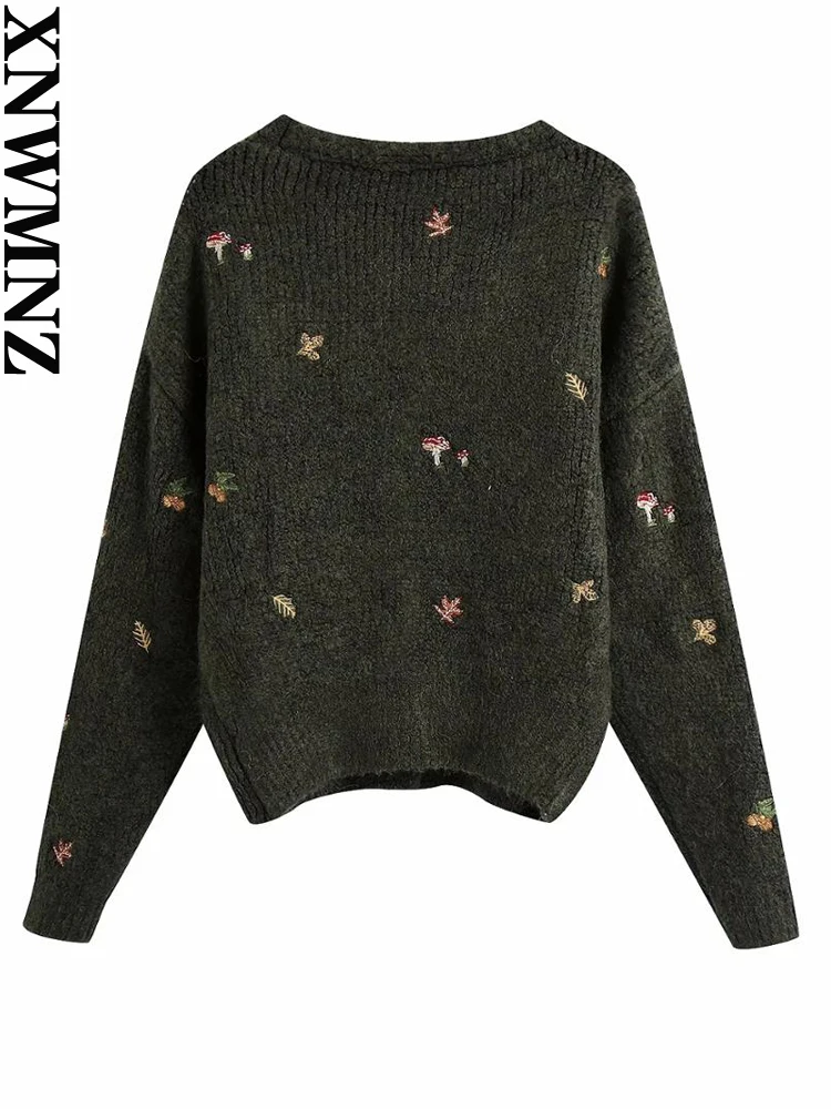 XNWMNZ women Vintage knit cardigan with embroidery Long sleeves V-neck ribbed trims Cardigan Female Elegant sweater Outerwear