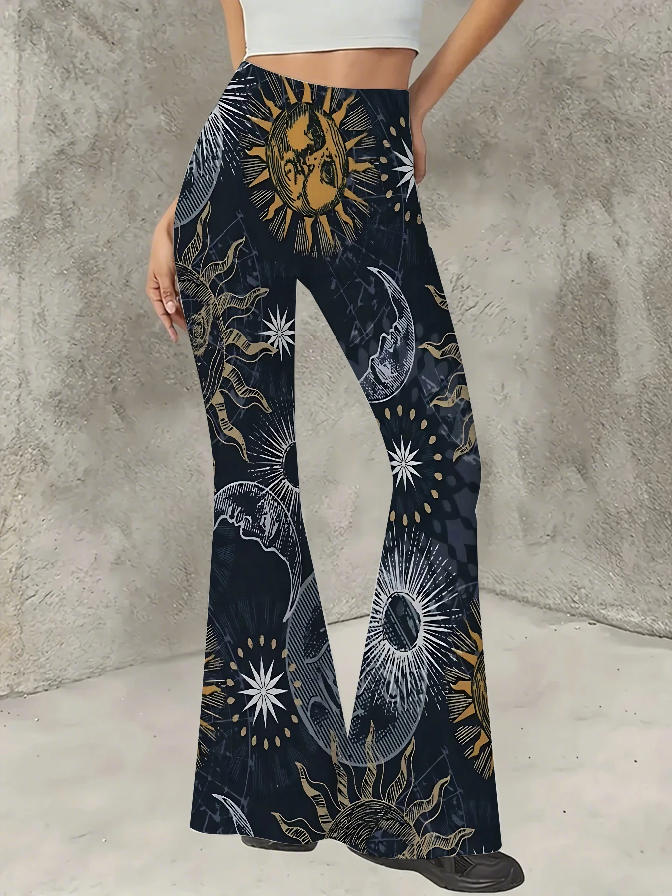 

Retro Printed Flare Pants Women High Waist Polyester Knit Bell Bottom Trousers