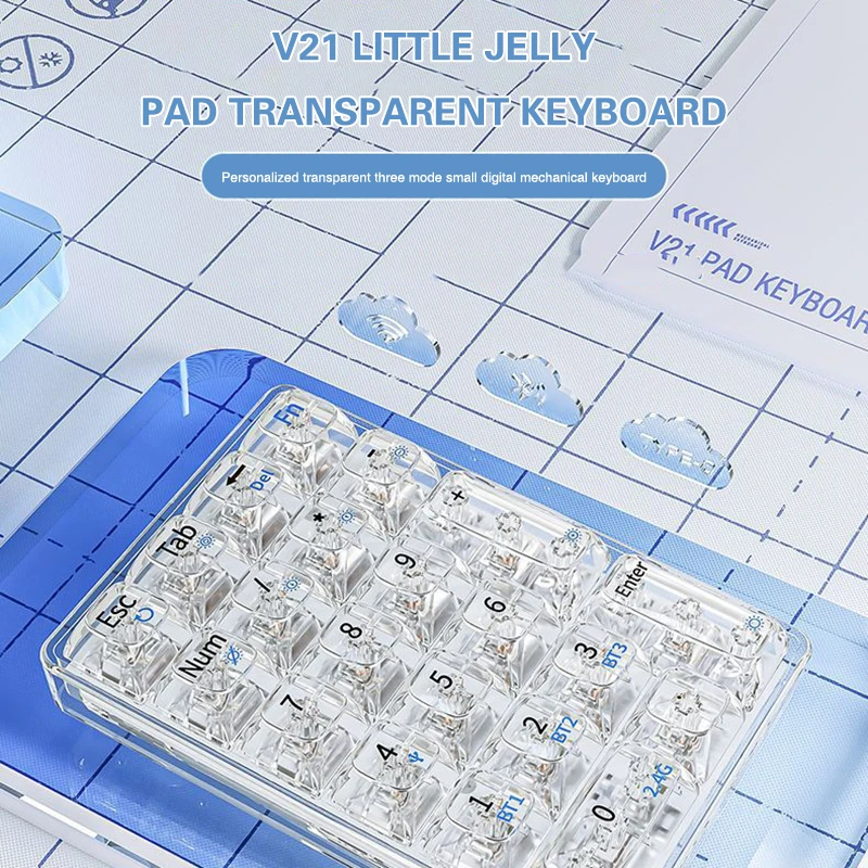 Mini Geléia Teclado Digital Transparente, K21 Teclado Mecânico, Sem Fio, Bluetooth, 3 Modos, Portátil, Pequeno