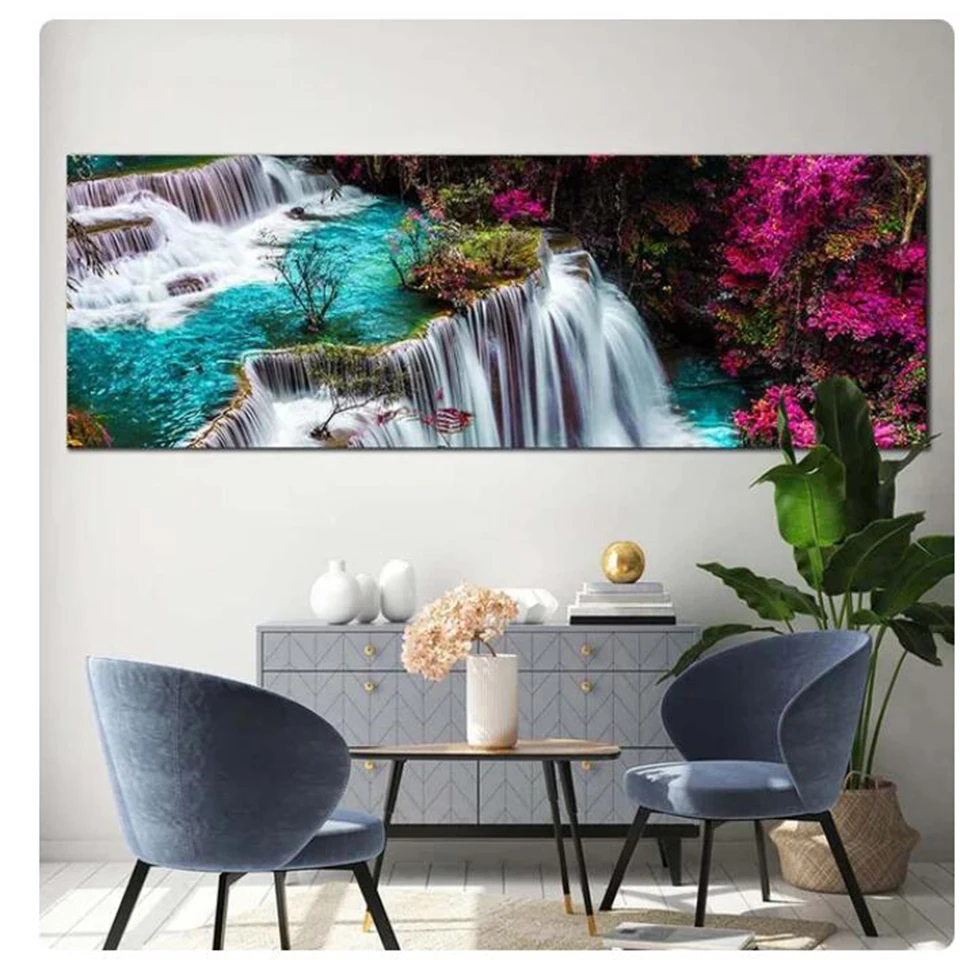 New 5D DIY Diamond Mosaic Full Round Rhinestones Natural Flower Tree Waterfall Landscape Diamond Painting Large Embroidery H529