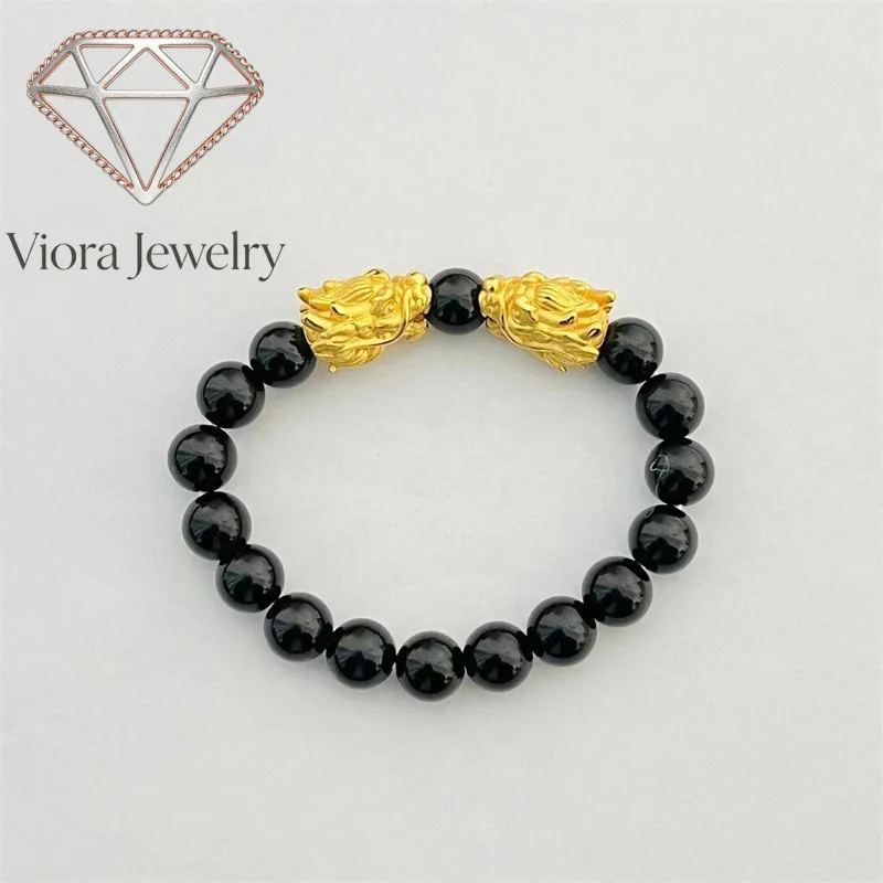 Viora Jewelry 24K Real Gold Jewelry Double Dragon Obsidian Bracelet Handle Beaded Zodiac Dragon Head AU 9999 Bracelet
