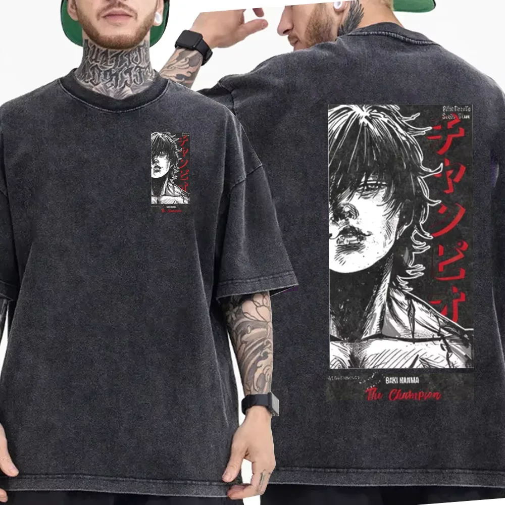 

Лето 2025 г., винтажная потертая футболка из 100% чистого хлопка с принтом в стиле аниме Baki Haman Harajuku, новинка для мужчин, уличная одежда в стиле хип-хоп, оверсайз