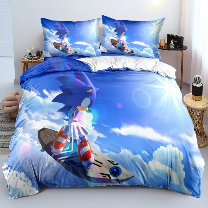 Sonic The Hedgehog Cartoon Bedding Set for Kids Boys Anime Harajuku 3D Print Duvet Cover with Pillowcase Home Textile Bedclothes