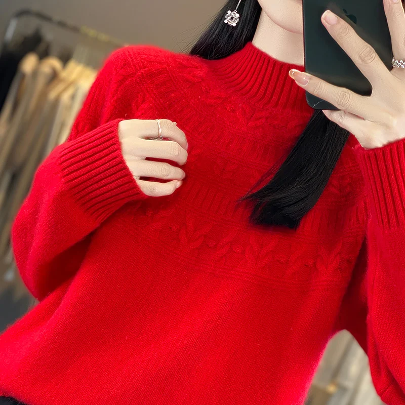 

Basic 100% Merino Wool Jacquard Sweater Half-Turtleneck Pullover Cashmere Long Sleeves Solid Color Soft Fashion Clothing Top