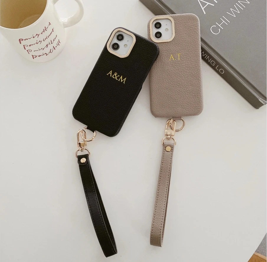 

Customized engraving Gold Name Letter Leather Phone Case for iPhone 16 15 13 14 11ProMax 16 15 14Plus 13 12 HandRope Cover