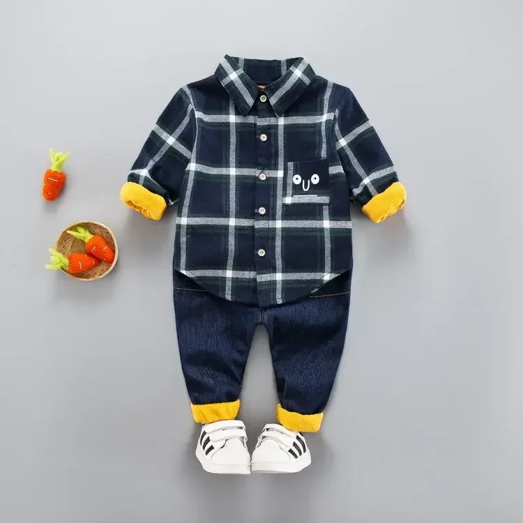 

Autumn Children Kids Boys Girls Clothes Infant Gentleman Thick Velvet Plaid Shirt Pants 2Pcs/set Toddler Clothing Kids Suits