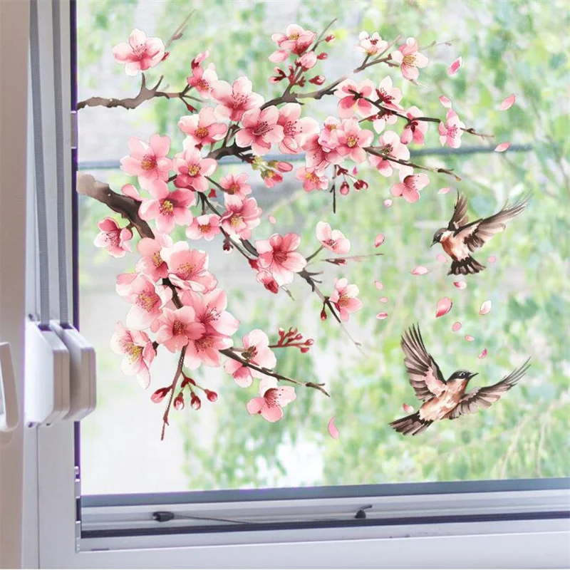 Abnehmbare Aquarell rosa Pfirsich blüte Äste Vögel Wanda uf kleber für Schlafzimmer Wohnzimmer Glasfenster dekorativ – Detail 3