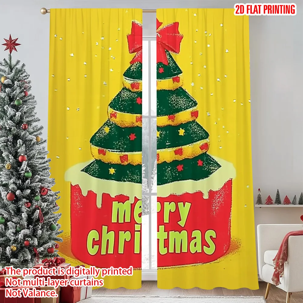 

2pcs 2D flat printing Christmas Window Curtains Merry Christmas 100% Polyester Without Electricity Spring Perfect for Festive