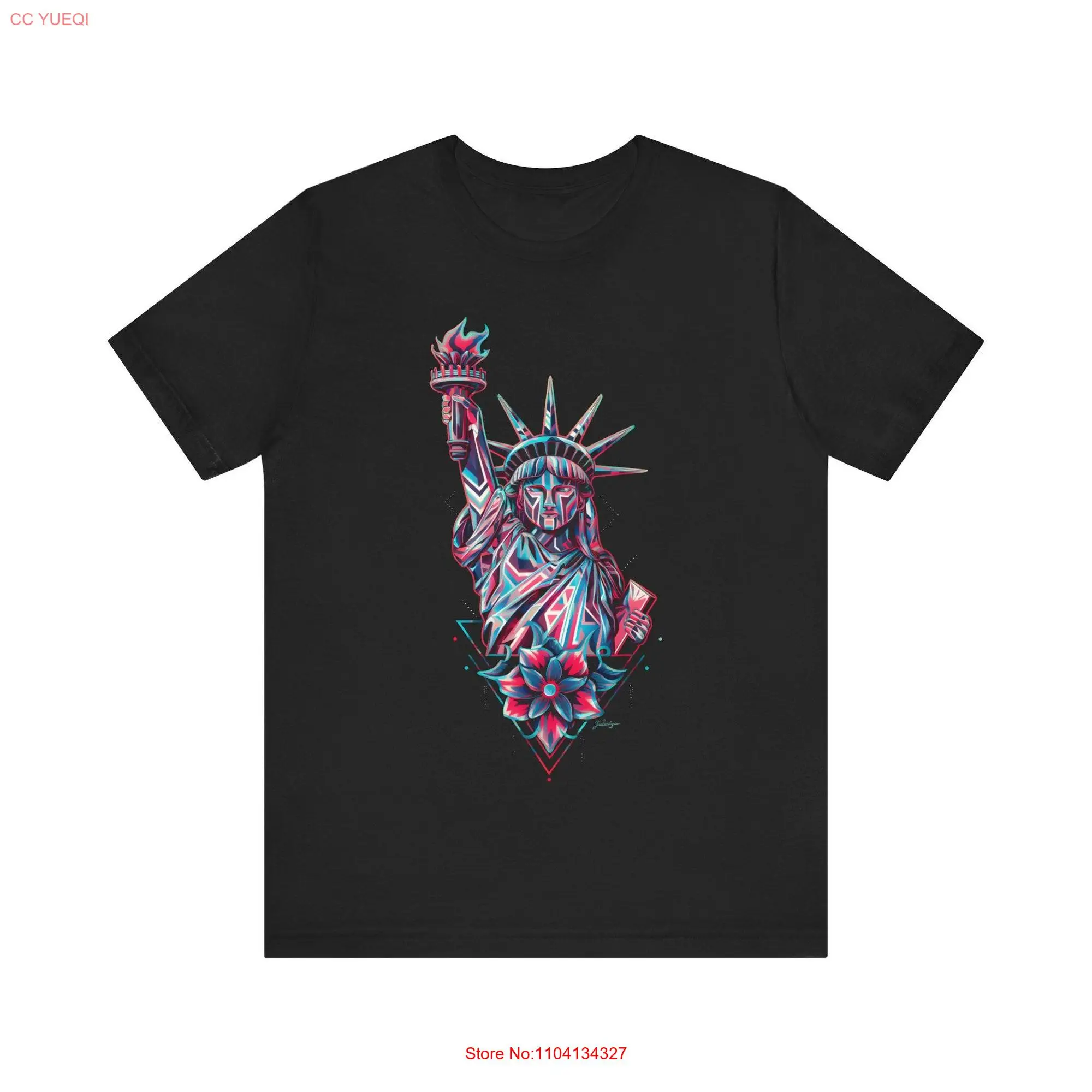 Neon Statue of Liberty T Shirt Geometric Pattern Vibrant PrinT Eye Catching NYC Skyline Design Modern Art Top