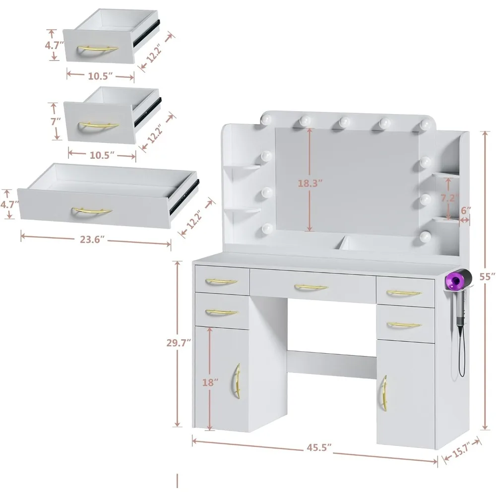 Make-up table with mirror and light, 3 model set-ups, with power socket, with 5 drawers, 2 cabinets, shelves, white image 6