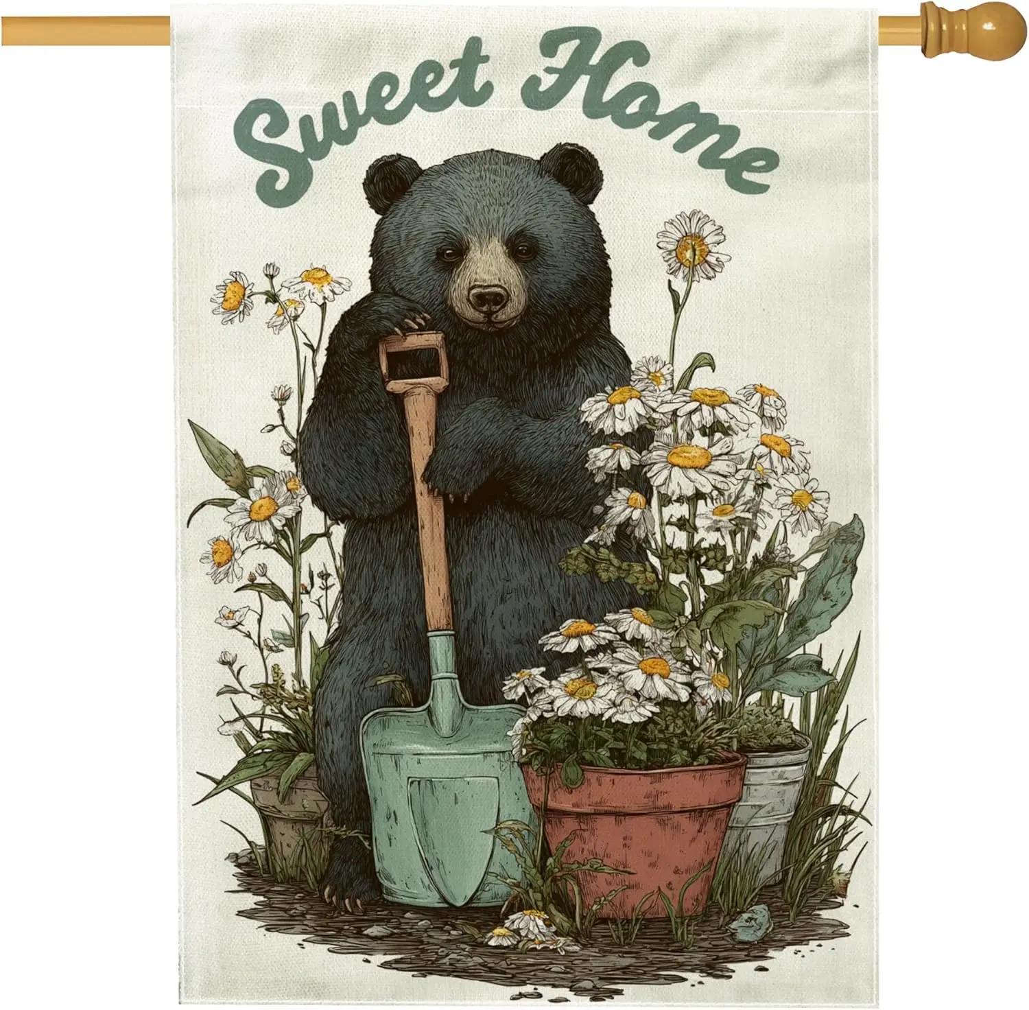 Sweet Home Bear Garden Flag, Rustic Floral Bear Yard Decor Banner, Double Sided Burlap Spring Outdoor Decoration 28x40 Inch LLE