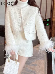 UCXQ Fashion Short Jacket Korean Style O Neck Sequined Ostrich Fur Long Sleeve Elegant Warm Coat Women 2024 Autumn Winter 3C1975