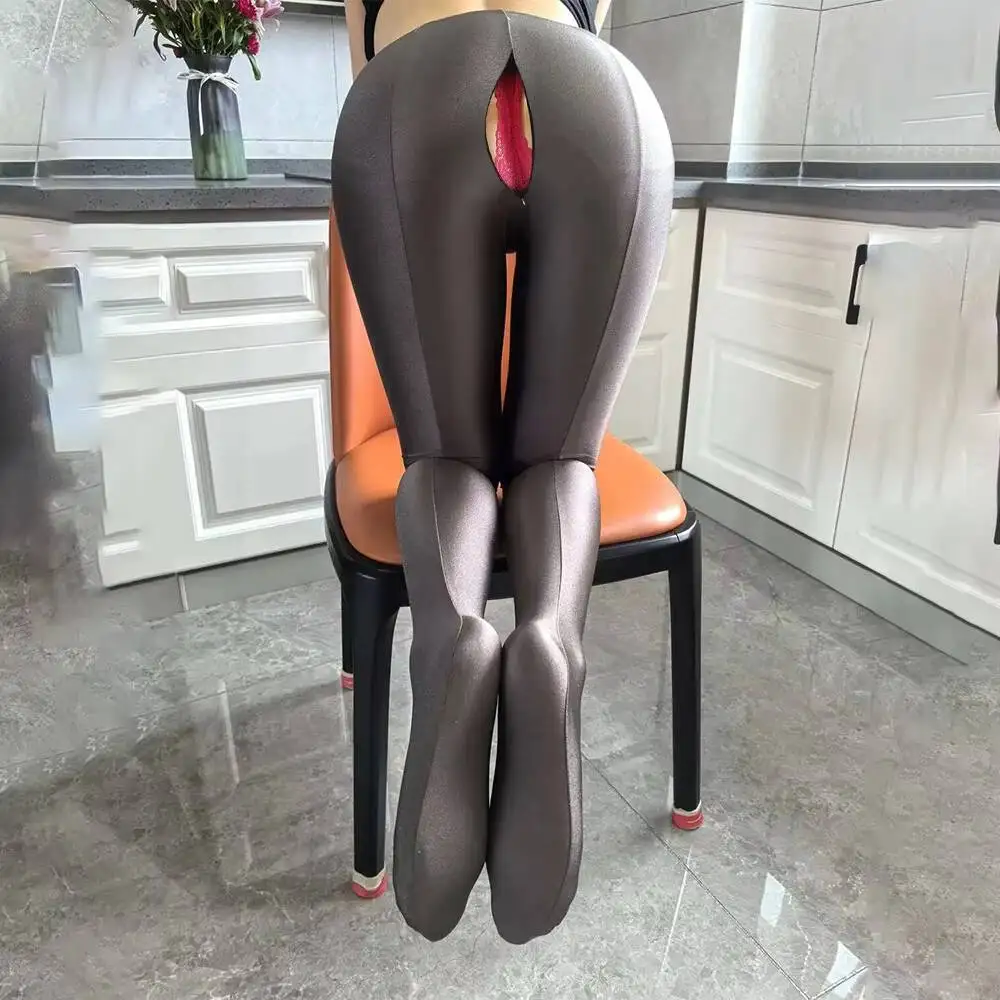 

Zipper open crotch glossy seam pantyhose leggings Summer spring Women high waist tights pants