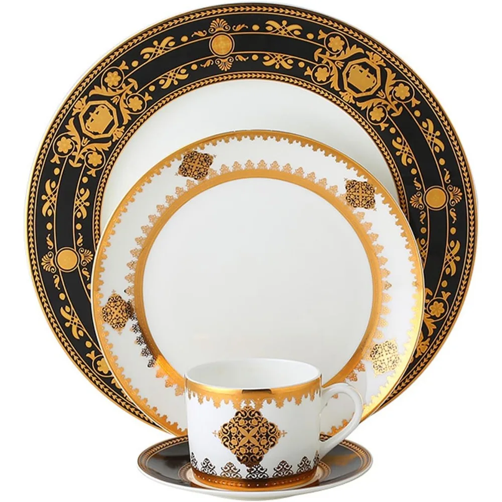 

16-piece bone china dinnerware set for 4, gold plated pattern round dinner plates, fine dish set for 4 with coffee cup for dinni