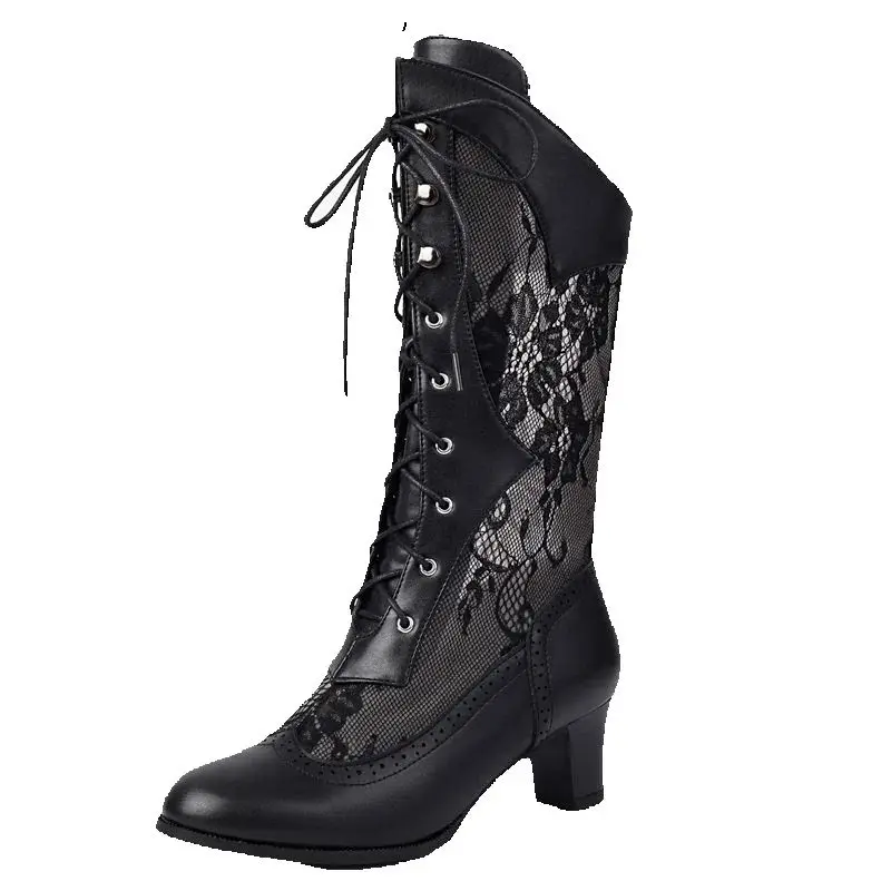 ASILETO Summer Mid Calf Boots for Women Round Toe Chunky Heels 5cm Lace Up Breathable Mesh Plus Size 46 47 48 Sexy Dating Bota