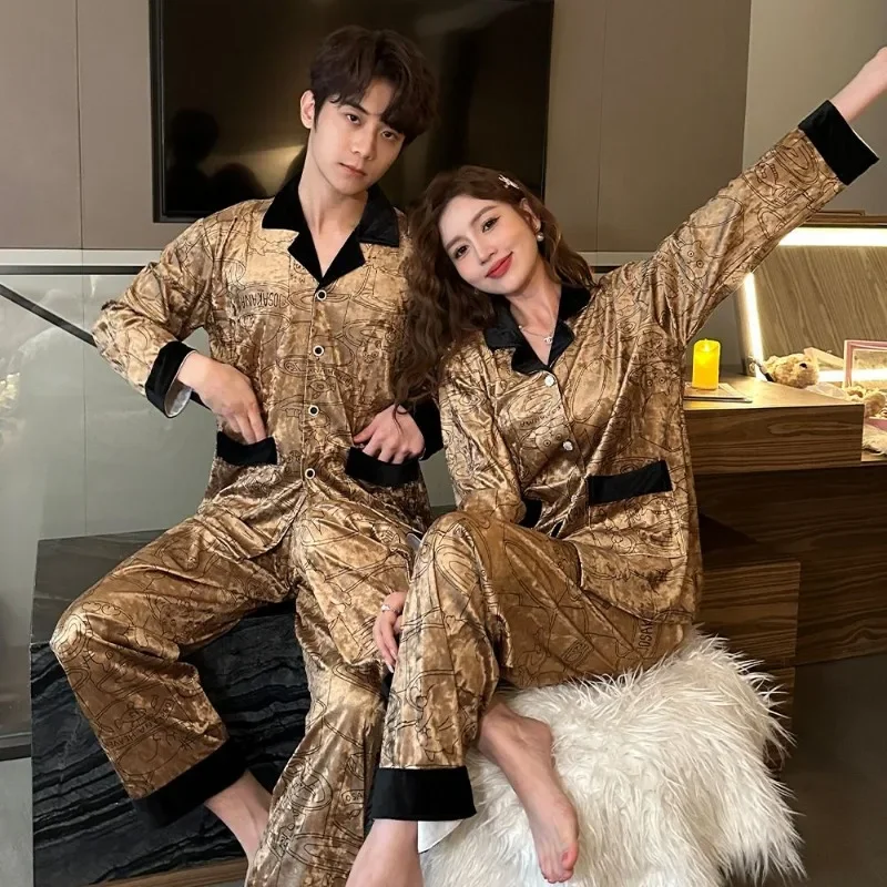 2024 New Gold Velvet Couple Pajamas Spring Autumn Women High-Grade Long Sleeve Thin Sleepwear Set Men Loose Casual Homewear Suit