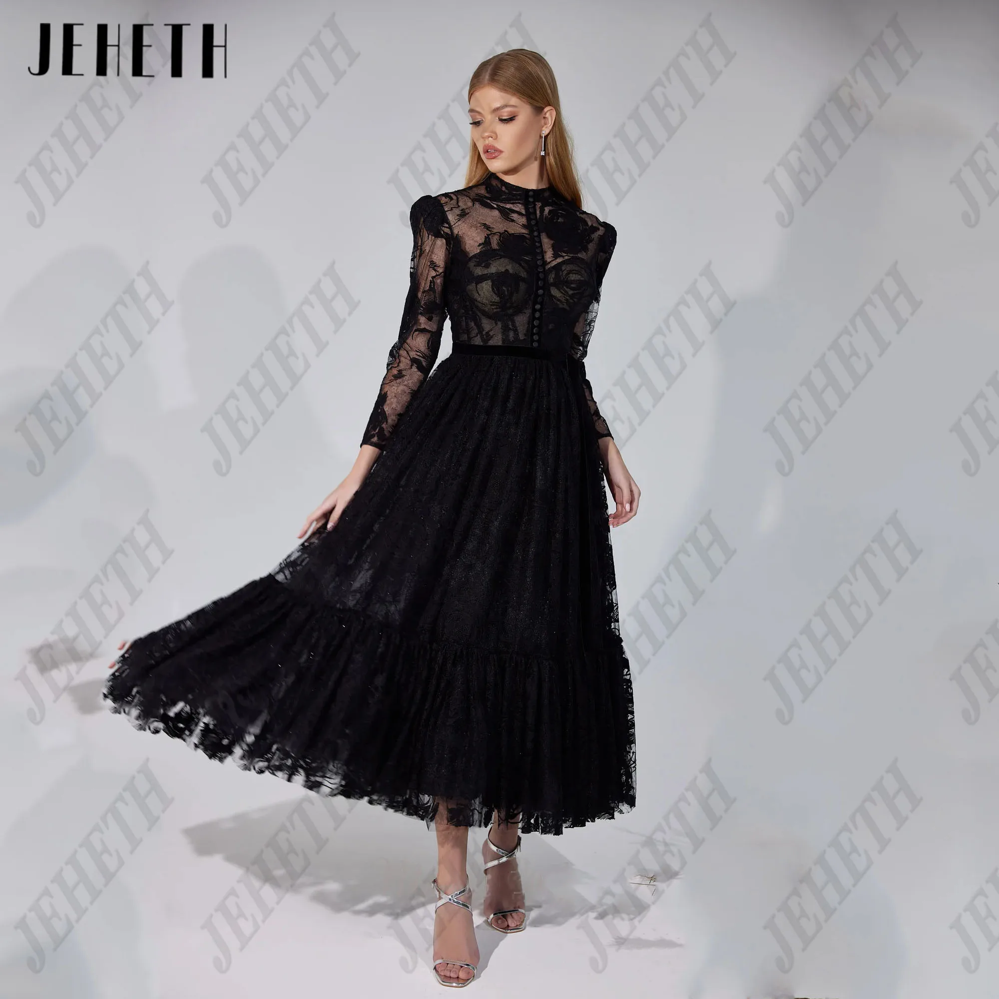 JEHETH A-line Lace Midi Prom Dress 2025 Long Sleeves Special Occasion Gowns Embroidery Tea-length Evening Dress Customized image 3