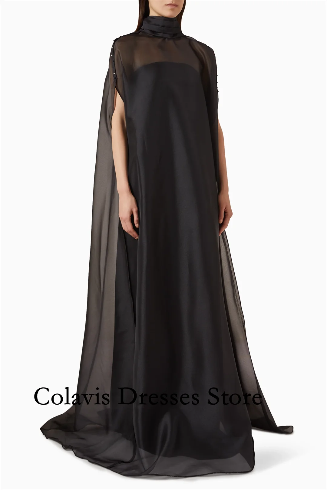 

2025 Customized Black Organza Cape Sleeves High Neck Simple Prom Dresses Evening Dress Women Evening Gowns Formal Party Dress