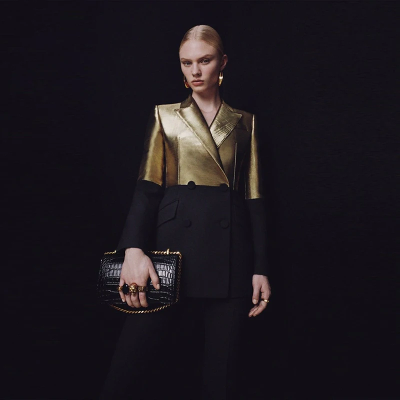 

Женский черный блейзер с золотистыми вставками из искусственной кожи, модный приталенный пиджак с отложным воротником для офиса, вечеринок, повседневной уличной моды