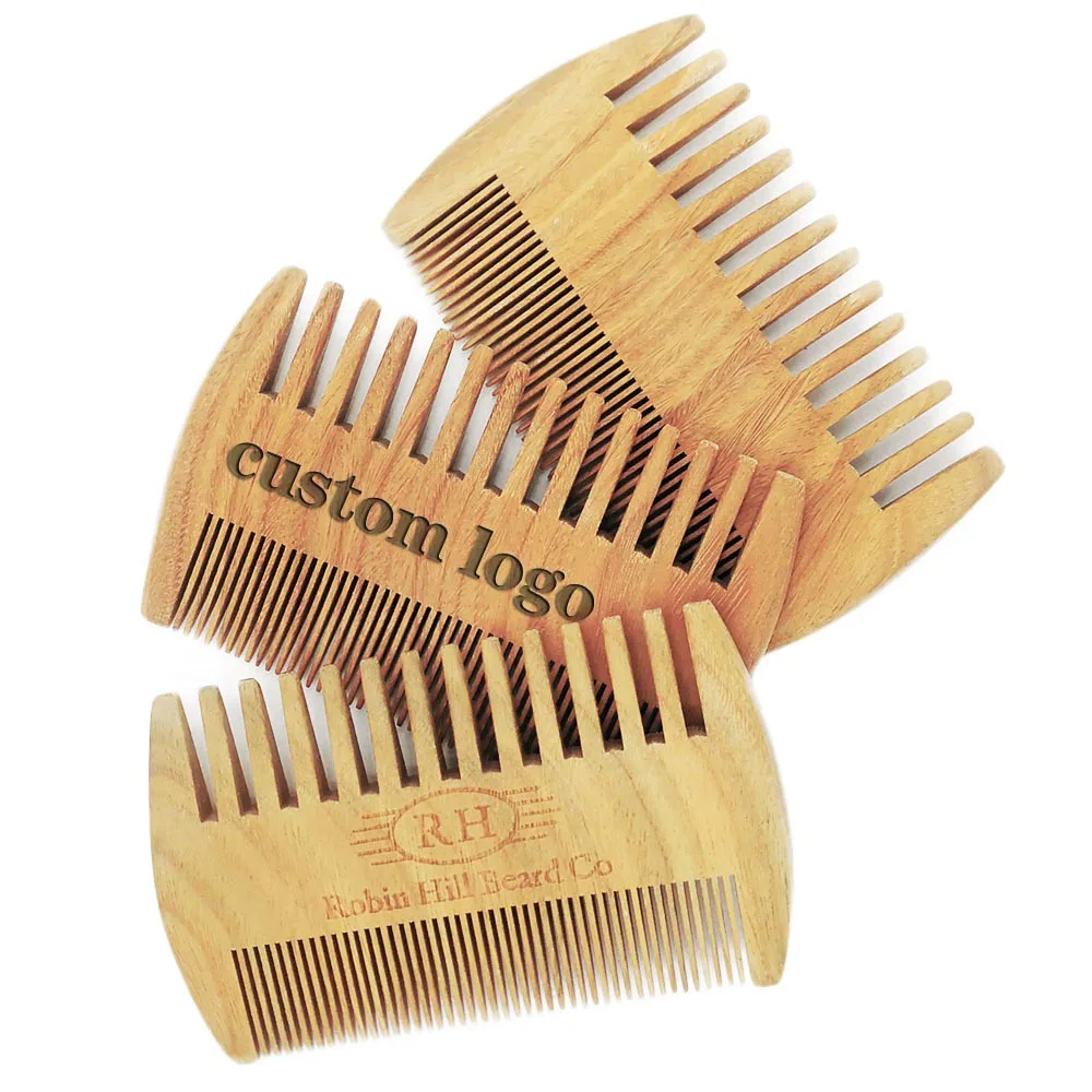 50 Pieces/Pack Custom Logo Green Sandalwood Beard Comb Fine & Wide Teeth Double Sides for Hair Beard Mustache Pocket Size