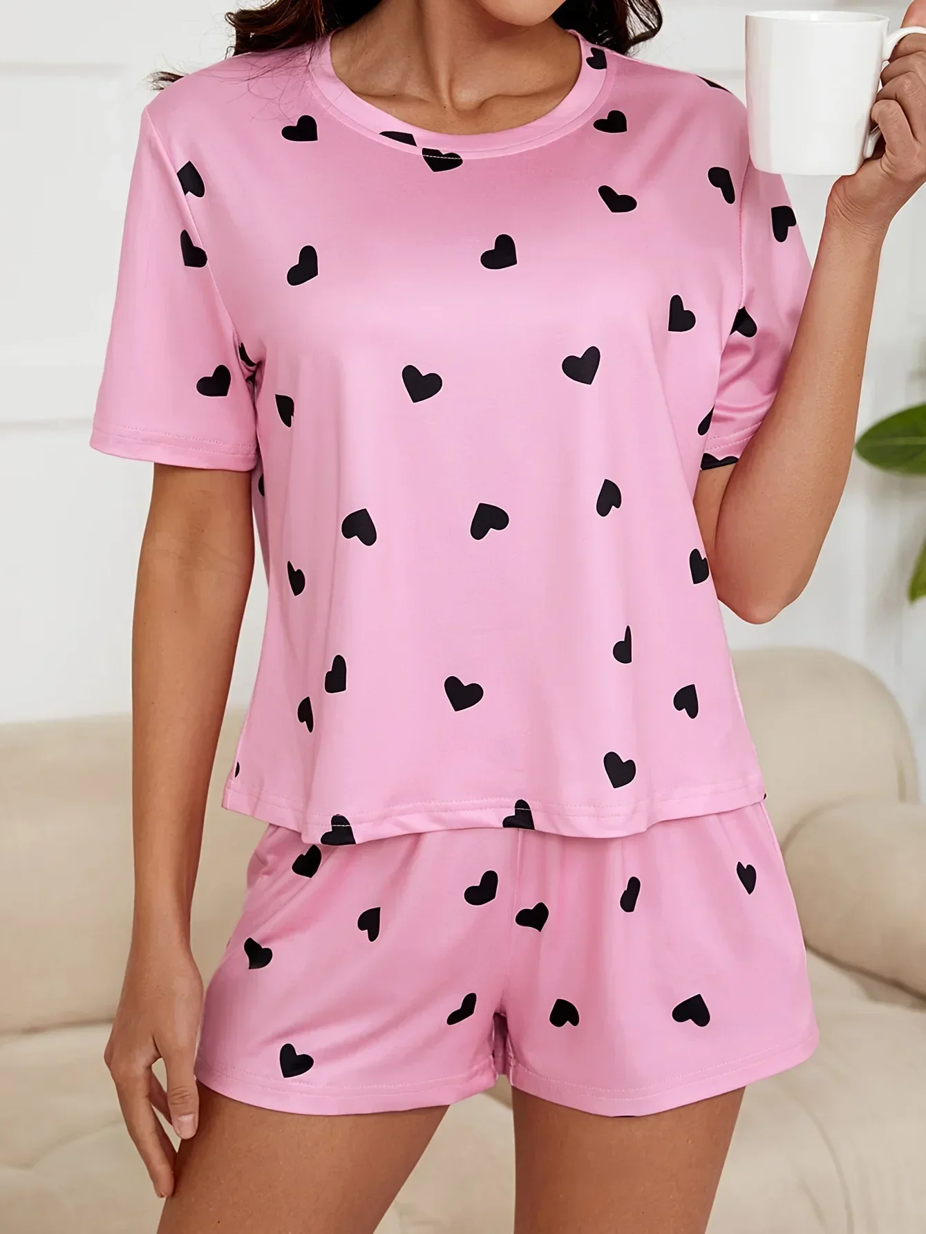 Pink Heart Love Printed Tee Shirt and Shorts Set Women Sleepwear Pajama Sets Sexy Lingerie Homewear Outfit Lounge Pijamas